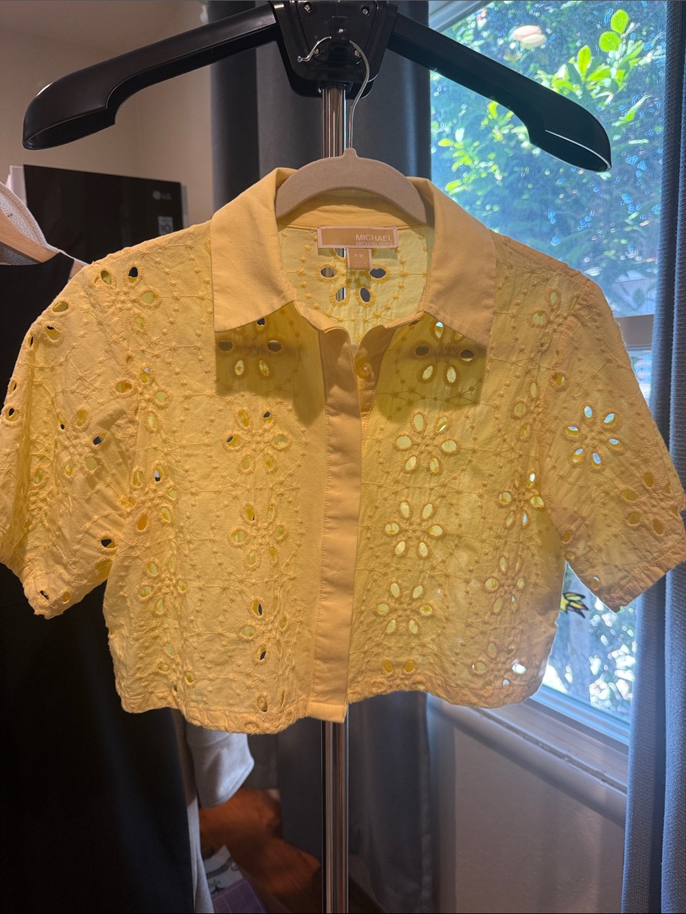 Michael Michael Kors 100% Cotton Cropped Button Down Eyelet Top